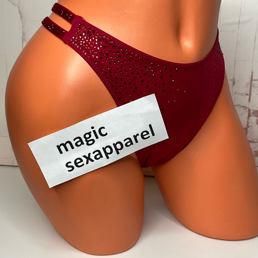 VS XL CRYSTALS RHINESTONES EMBELLISHMENTS SMOOTH HIGH-LEG THONG PANTY RED